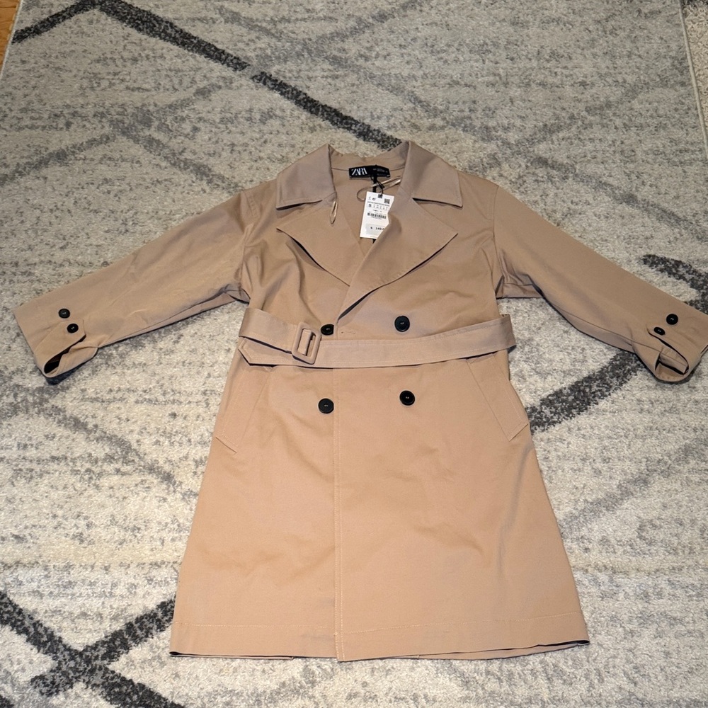 ZARA Tan Double-Breasted Belted Trench Coat